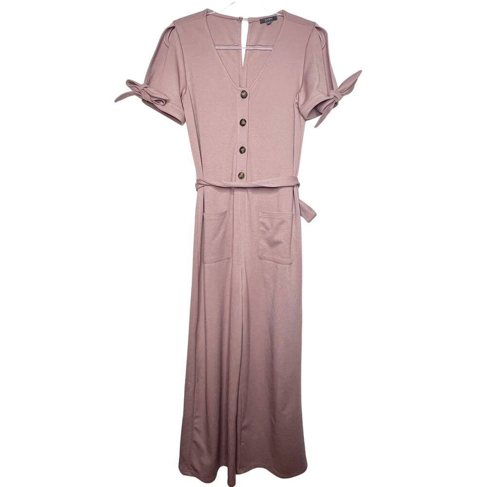 &MERCI Button Front Jumpsuit V-Neck Short Sleeve Belted Wide Leg Pink Size Small